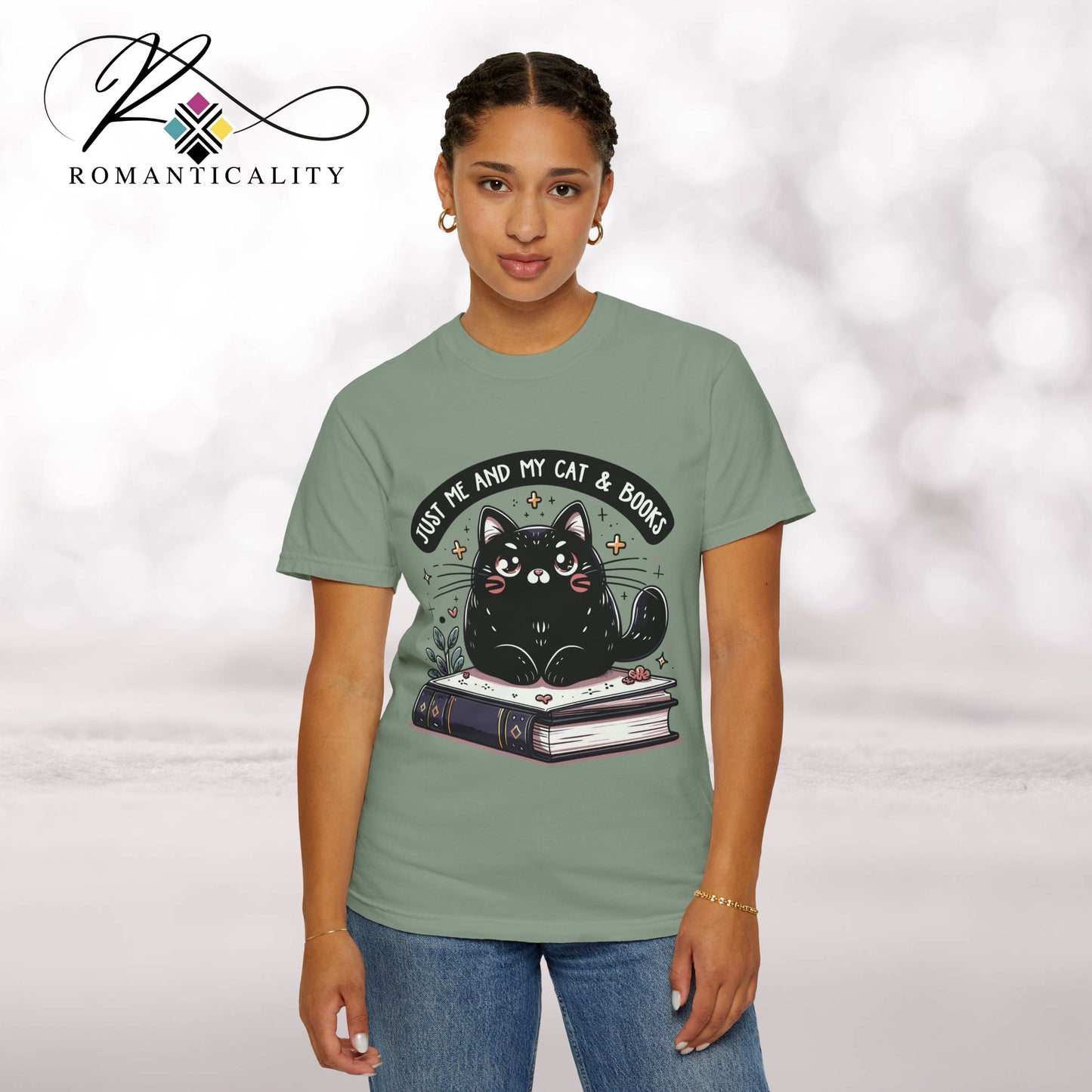 Just Me, My Cat & Books-Graphic Reader Tee-Comfortable Book Lover Tee-Gift for Readers/Writers-Smut Book Reader-Romance Books-Romance Reads