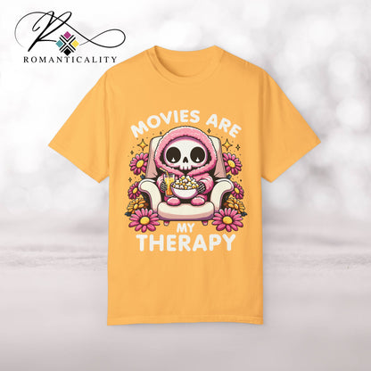 Movies Are My Therapy Graphic T-Shirt-Comfort Colors-T-Shirt for Homebodies & Movie Lovers--Funny Quotes Gifts-Humorous Top for Women