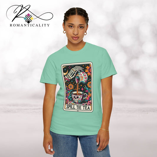 Spill Tea- Tarot Graphic T-Shirt-Comfort Colors-T-Shirt for Sassy Women & Tarot Card Lovers-Readers/Writers-Giftful-Funny Tarot Card Top