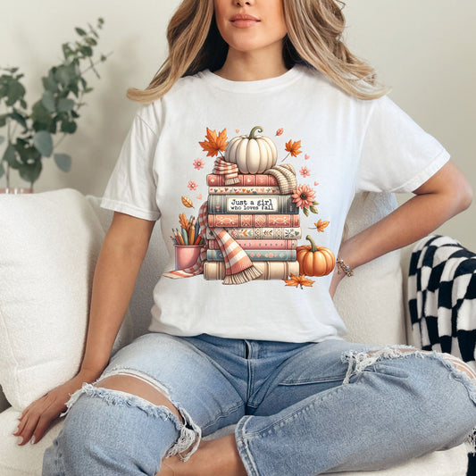 Just A Girl Who Loves Fall Women's T-shirt- Bookish Fall T-Reader Shirt - Fan of Fall Top - Book & Fall T-Shirt-Comfort Colors-Autumn Tee