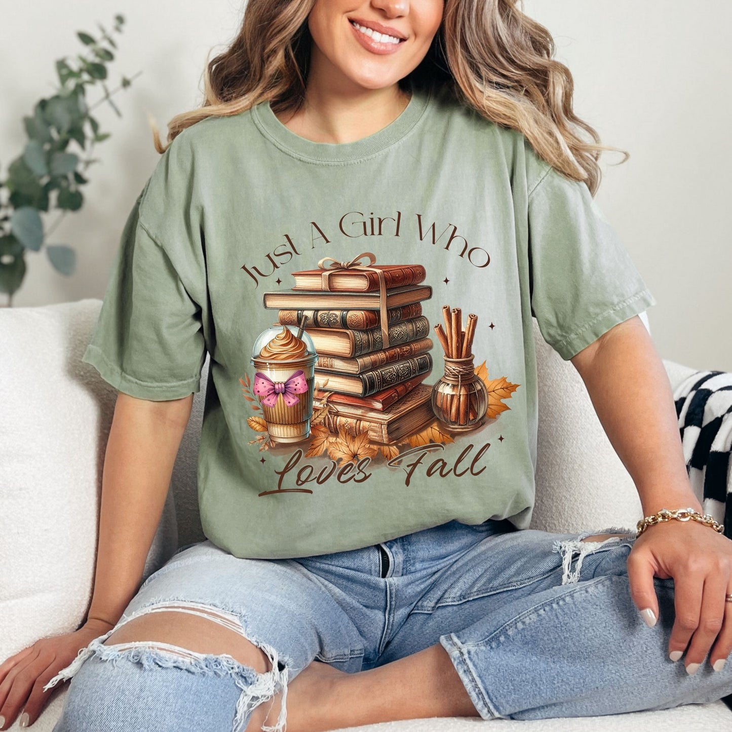 Just A Girl Who Loves Fall - Bookish Fall Tee - Reader Shirt - Fan of Fall Top - Book & Fall T-Shirt-Comfort Colors-Autumn Tee