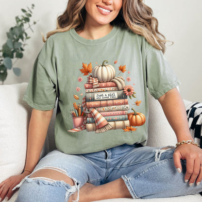 Just A Girl Who Loves Fall Women's T-shirt- Bookish Fall T-Reader Shirt - Fan of Fall Top - Book & Fall T-Shirt-Comfort Colors-Autumn Tee