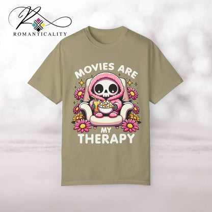 Movies Are My Therapy Graphic T-Shirt-Comfort Colors-T-Shirt for Homebodies & Movie Lovers--Funny Quotes Gifts-Humorous Top for Women