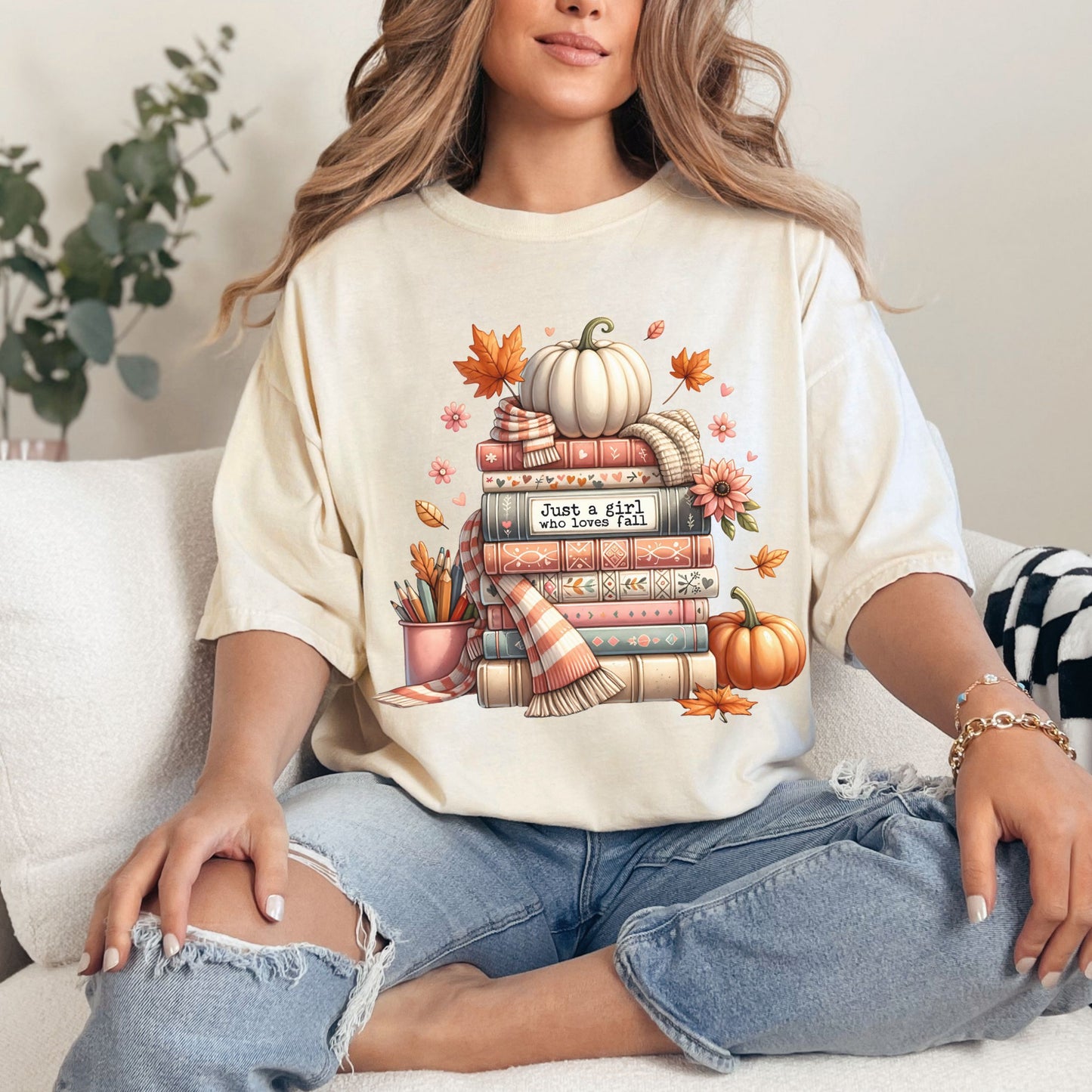 Just A Girl Who Loves Fall Women's T-shirt- Bookish Fall T-Reader Shirt - Fan of Fall Top - Book & Fall T-Shirt-Comfort Colors-Autumn Tee