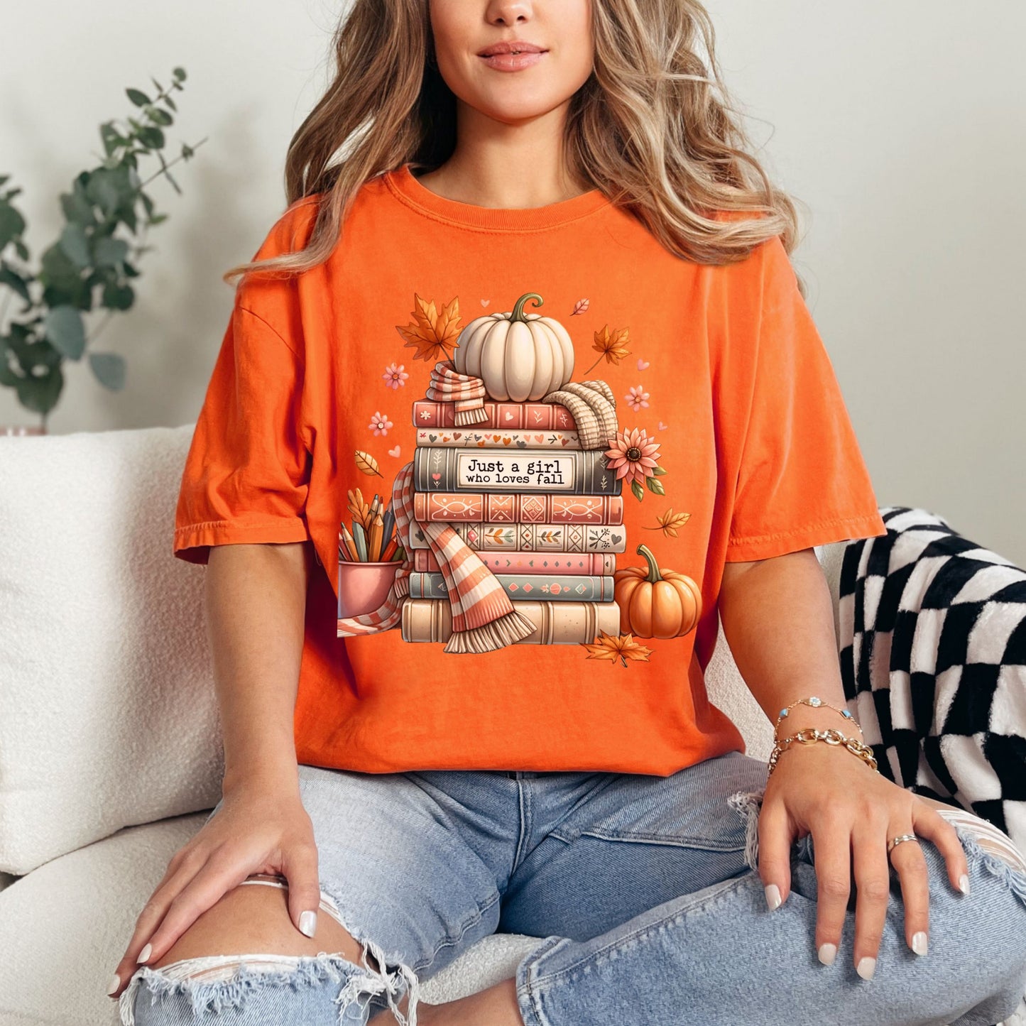 Just A Girl Who Loves Fall Women's T-shirt- Bookish Fall T-Reader Shirt - Fan of Fall Top - Book & Fall T-Shirt-Comfort Colors-Autumn Tee