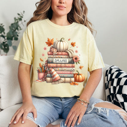 Just A Girl Who Loves Fall Women's T-shirt- Bookish Fall T-Reader Shirt - Fan of Fall Top - Book & Fall T-Shirt-Comfort Colors-Autumn Tee