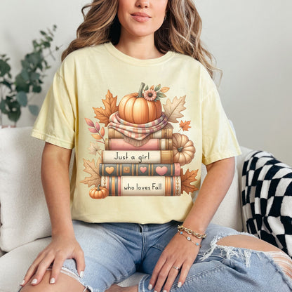 Just A Girl Who Loves Fall Women's Top-shirt- Bookish Fall T-Reader Shirt- Fan of Fall T-shirt-Book & Fall T-Shirt-Comfort Colors-Autumn Tee