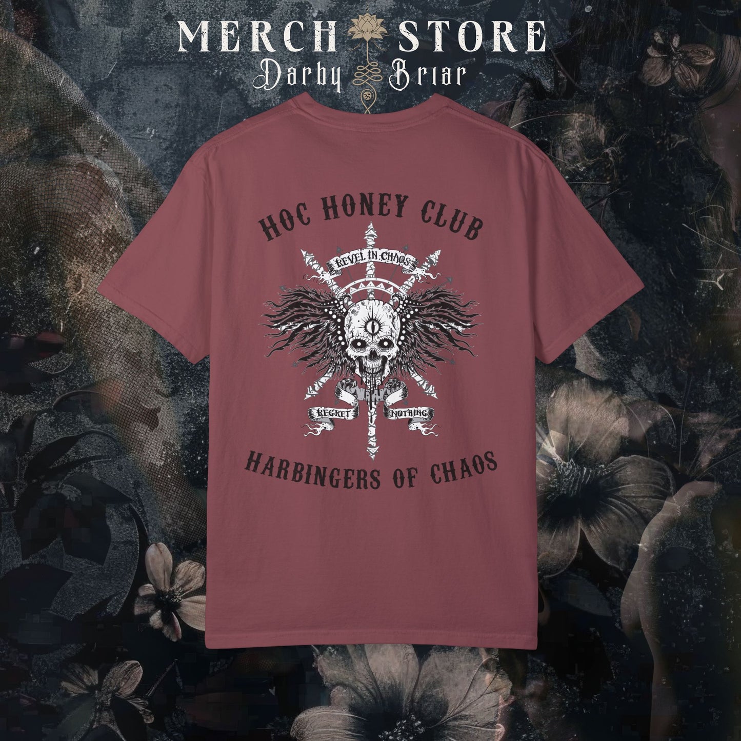 HOC Honey Darby Briar Harbingers of Chaos, Revel in Chaos - Regret Nothing Series Tee, MC Romance, Biker Romance T-Shirt, Unisex Biker Shirt