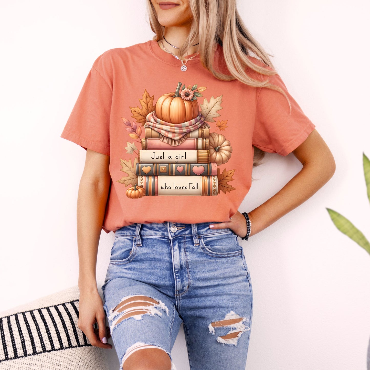 Just A Girl Who Loves Fall Women's Top-shirt- Bookish Fall T-Reader Shirt- Fan of Fall T-shirt-Book & Fall T-Shirt-Comfort Colors-Autumn Tee