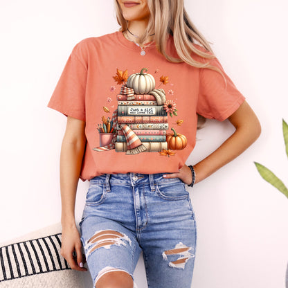 Just A Girl Who Loves Fall Women's T-shirt- Bookish Fall T-Reader Shirt - Fan of Fall Top - Book & Fall T-Shirt-Comfort Colors-Autumn Tee