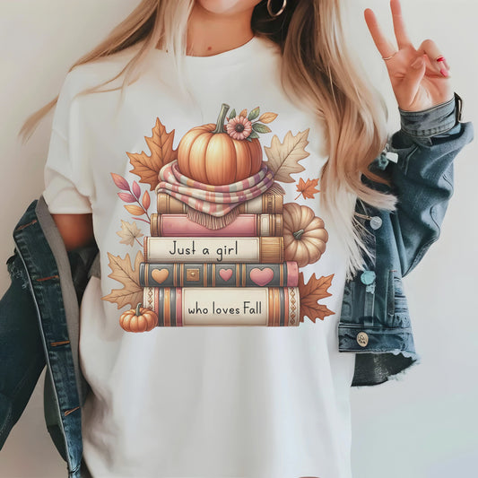 Just A Girl Who Loves Fall Women's Top-shirt- Bookish Fall T-Reader Shirt- Fan of Fall T-shirt-Book & Fall T-Shirt-Comfort Colors-Autumn Tee